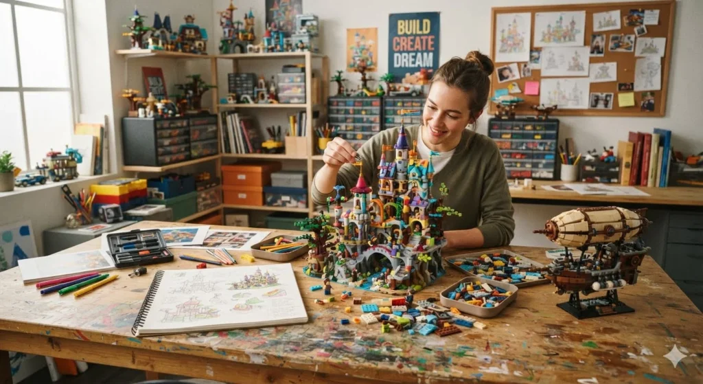 Lego Puns about creativity featuring colorful bricks, sketches, a detailed model, and an imaginative building workspace