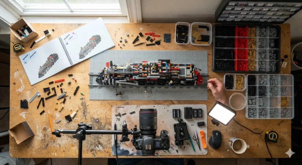 Lego Puns for builders featuring a detailed brick model, sorted pieces, instructions, and a creative photography setup