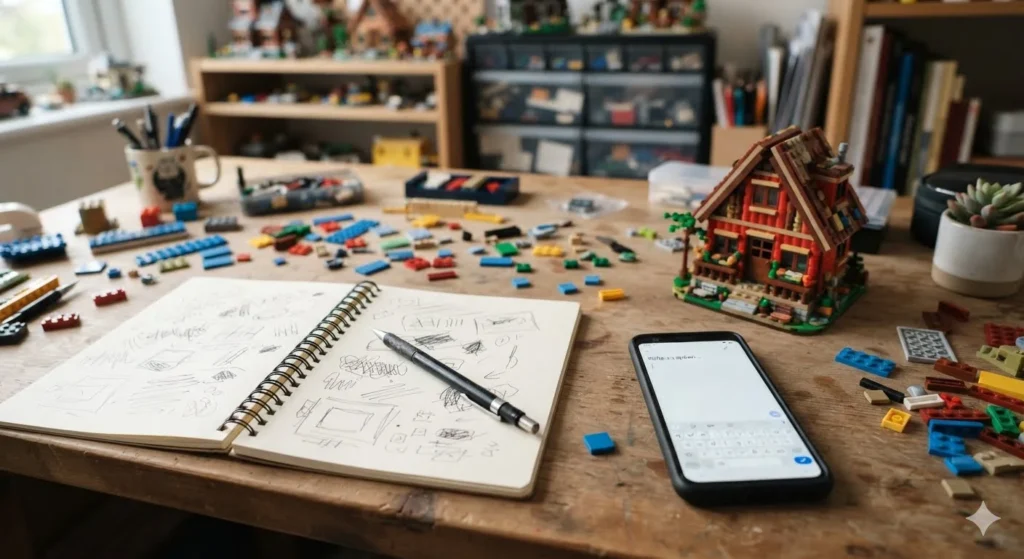 Lego Puns brainstorming setup with colorful bricks, notebook, miniature model, pencil, and creative caption workspace
