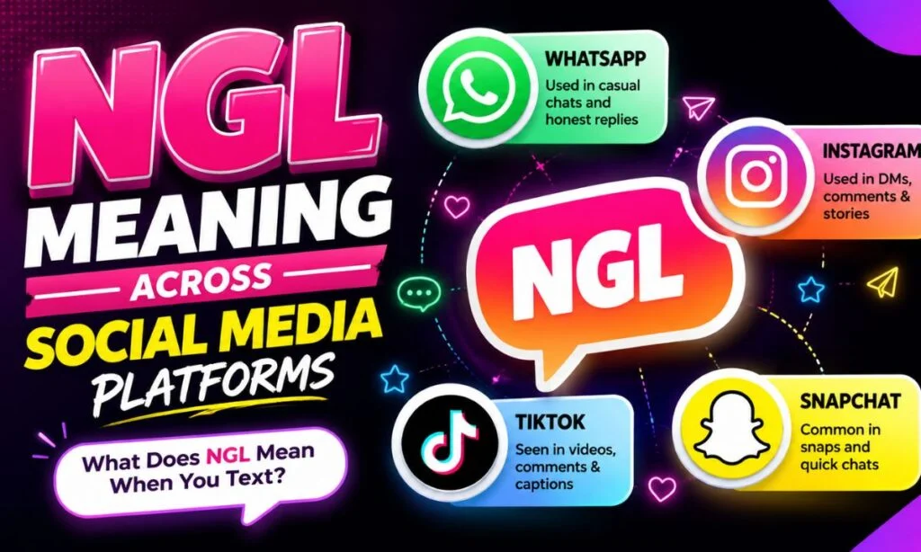 Neon graphic detailing the NGL meaning and use of NGL across social media platforms like WhatsApp, Instagram, TikTok, and Snapchat.