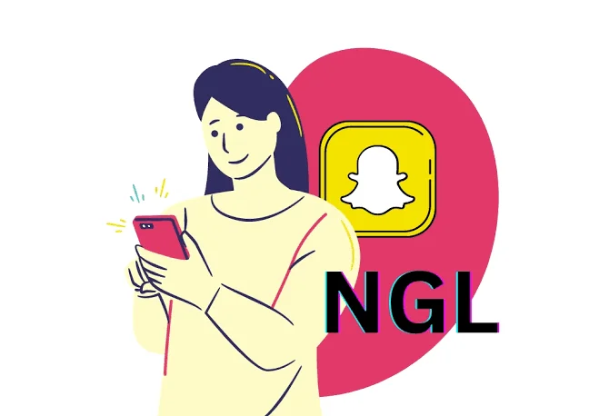 Illustration of a person looking at a smartphone next to the Snapchat logo and the letters "NGL Meaning".