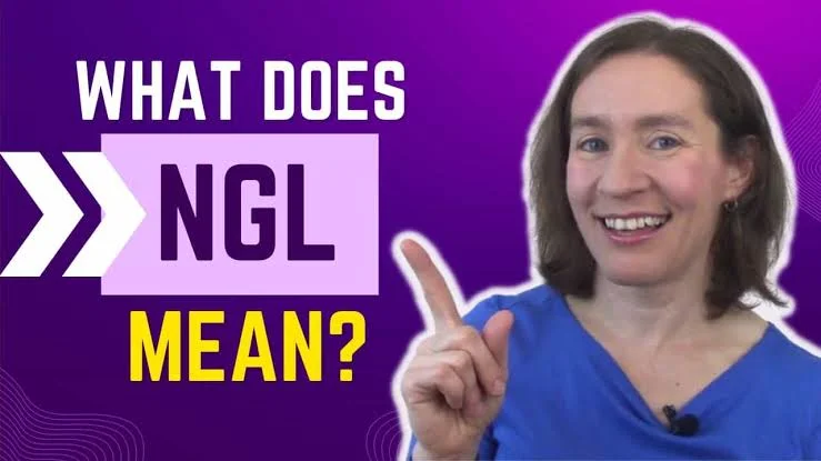 Woman smiling and pointing up next to bold text reading "WHAT DOES NGL MEANING?"