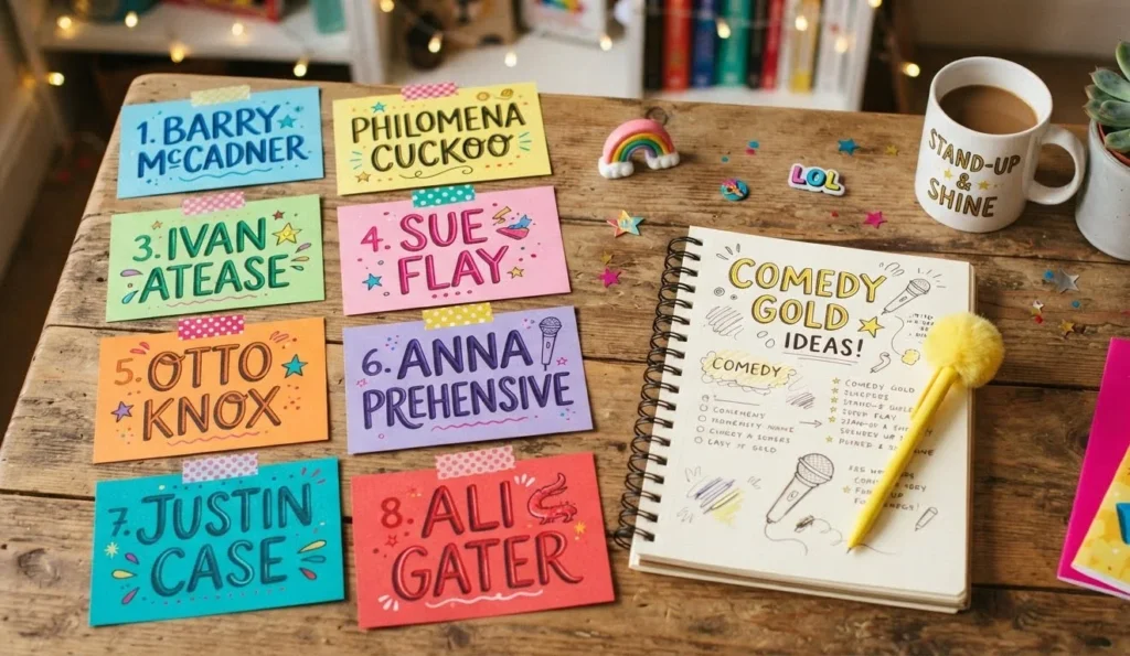 Names Like Ben Dover Puns shown as playful fictional name cards with colorful typography and a lighthearted comedy theme