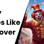 Split-screen graphic with text reading "Funny Names Like Ben Dover Puns" on the left and an illustration of a smiling clown raising their hands at a festive event on the right.