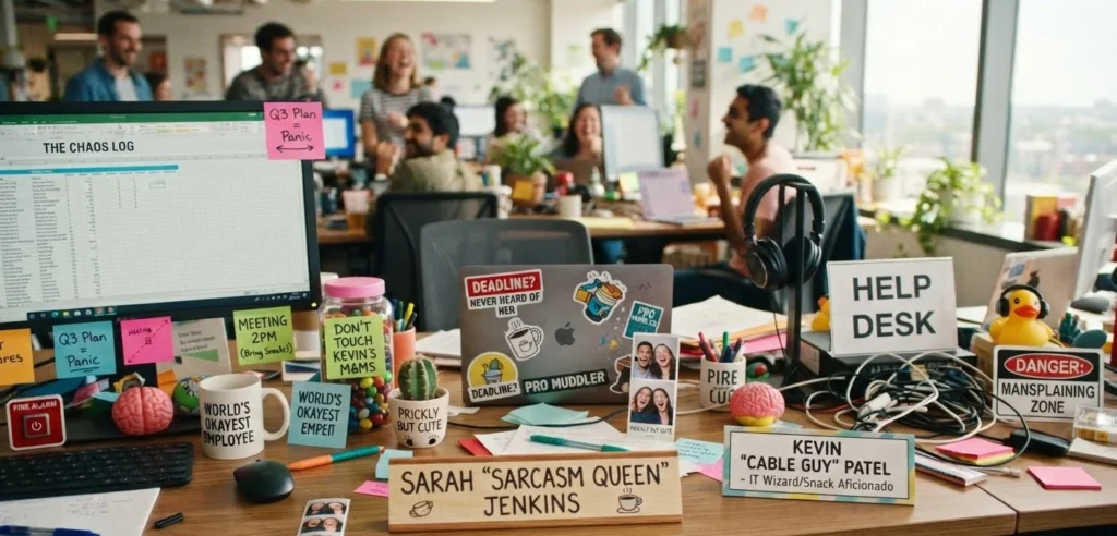 Names Like Ben Dover Puns for office friendly jokes shown on playful fictional name cards at a desk.