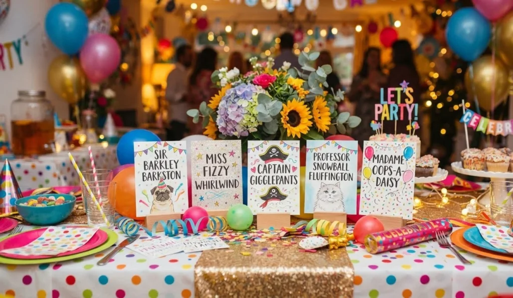Names Like Ben Dover Puns for party and event humor shown on colorful invitation cards and decorations.