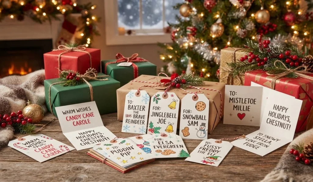 Names Like Ben Dover Puns for holiday jokes shown on festive gift tags and cheerful name cards.