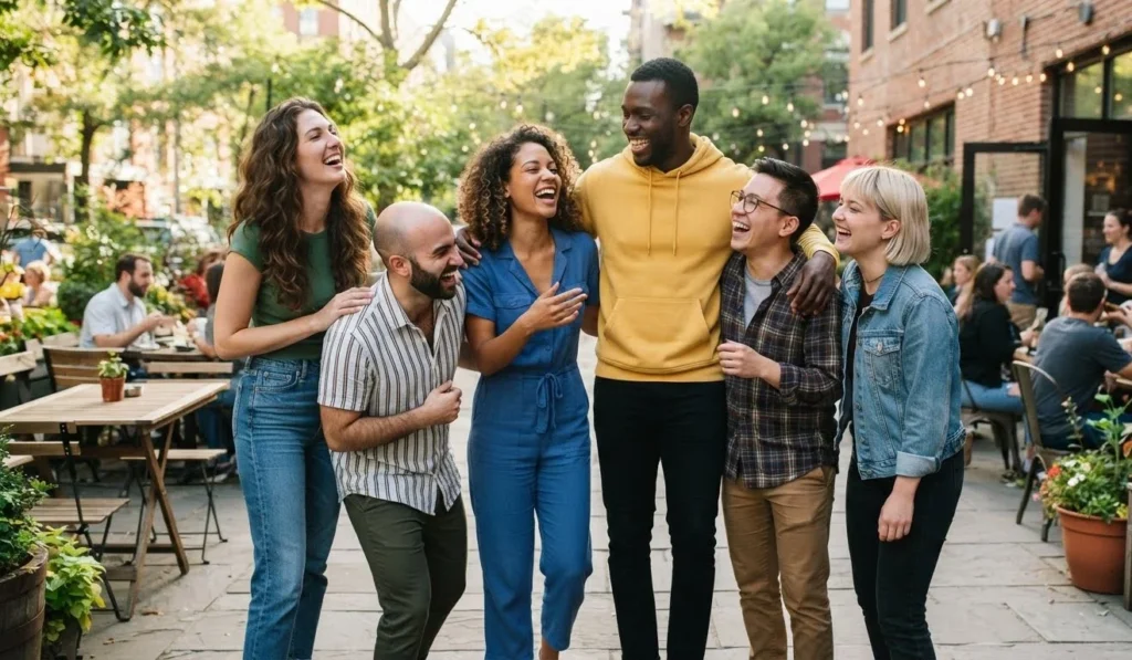 Short People Puns featuring friends of different heights laughing together in a cheerful inclusive setting