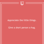 Short People Puns: Red text card with a double-line border reading "Appreciate the little things. Give a short person a hug."