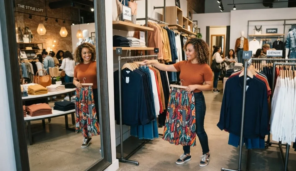 A short person confidently choosing an outfit in a modern clothing store with mirrors and neatly arranged clothes.