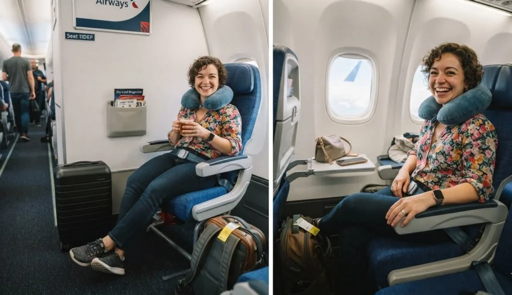 Short People Puns about travel featuring a shorter traveler enjoying comfortable airplane legroom