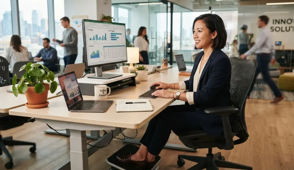 Short People Puns about workplace humor featuring a confident short professional in a modern organized office