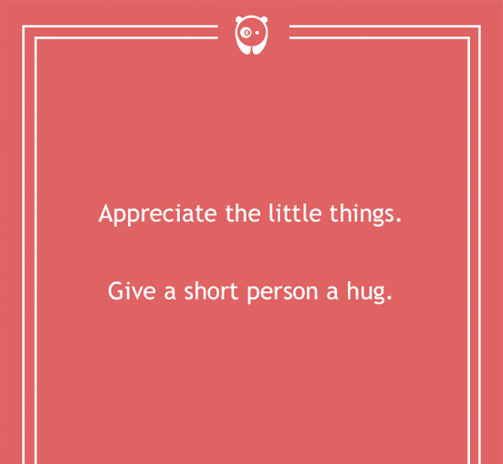 Short People Puns: Red text card with a double-line border reading "Appreciate the little things. Give a short person a hug."