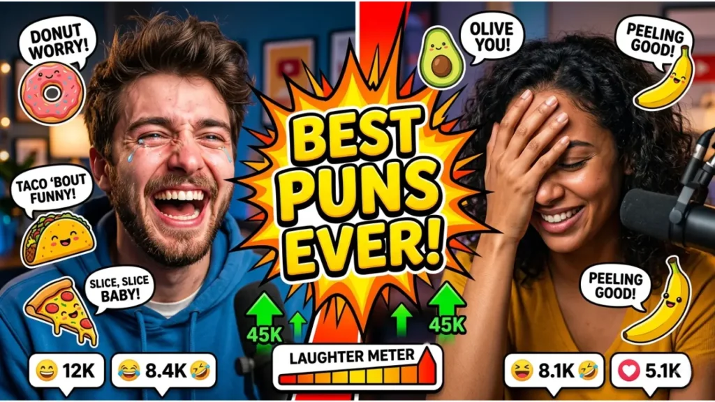 Thumbnail titled "BEST SHORT PUNS EVER!" featuring two people laughing alongside food-themed pun stickers and social media reaction icons.