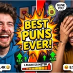 Thumbnail titled "BEST SHORT PUNS EVER!" featuring two people laughing alongside food-themed pun stickers and social media reaction icons.