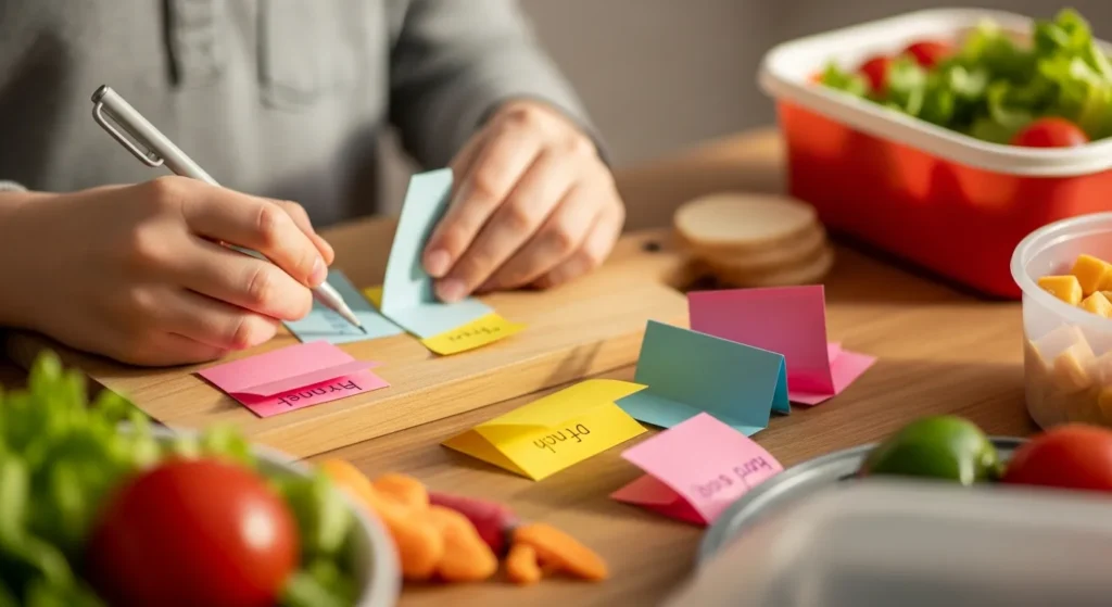 Short Puns inspired by playful food ideas beside colorful writing supplies