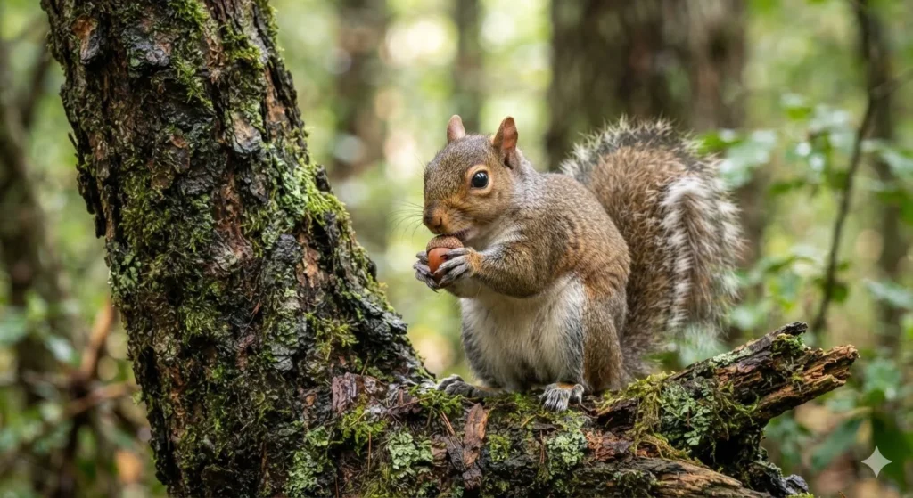 Squirrel Puns for a close up squirrel photo showing an acorn, fluffy tail, tree bark, and natural woodland setting