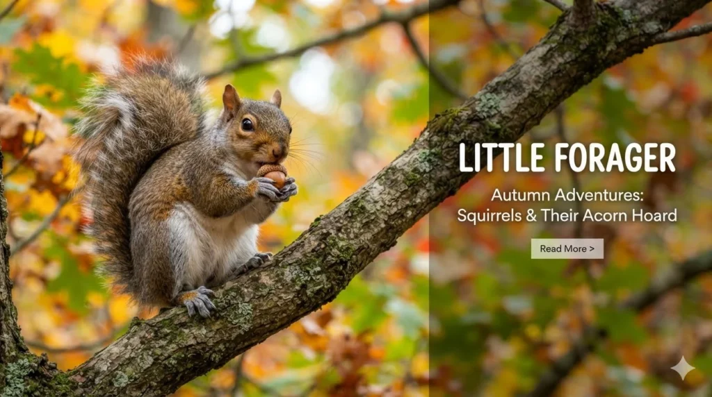 Squirrel Puns featuring a playful squirrel on a tree branch with an acorn, fluffy tail, and colorful autumn scenery
