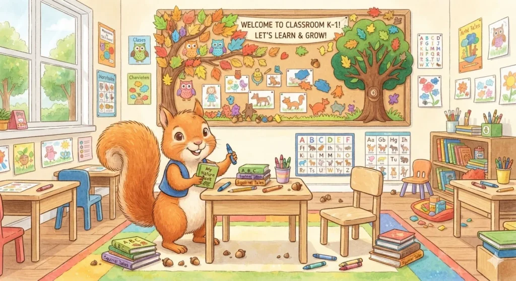 Squirrel Puns for kids featuring a cheerful classroom squirrel, acorns, books, crayons, and a playful tree theme