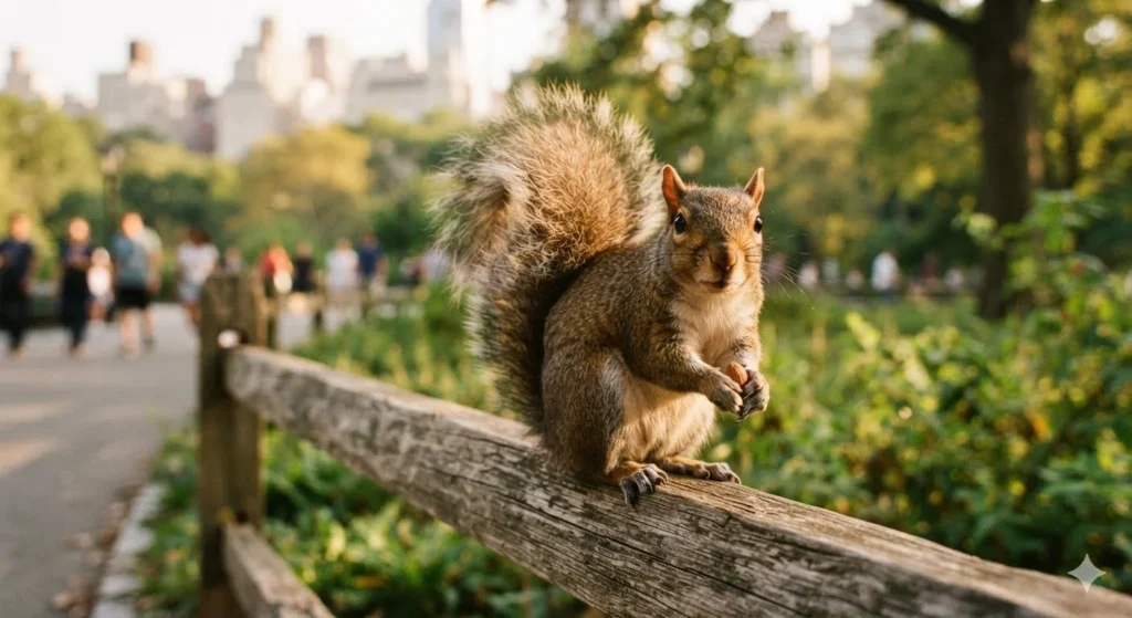 Squirrel Puns with a confident squirrel on a fence, fluffy tail, park background, and playful woodland attitude