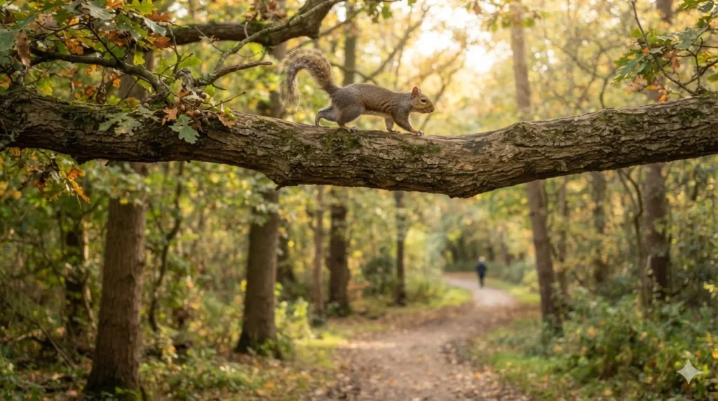 Squirrel Puns for nature photos showing a squirrel on an oak branch above a leafy park trail