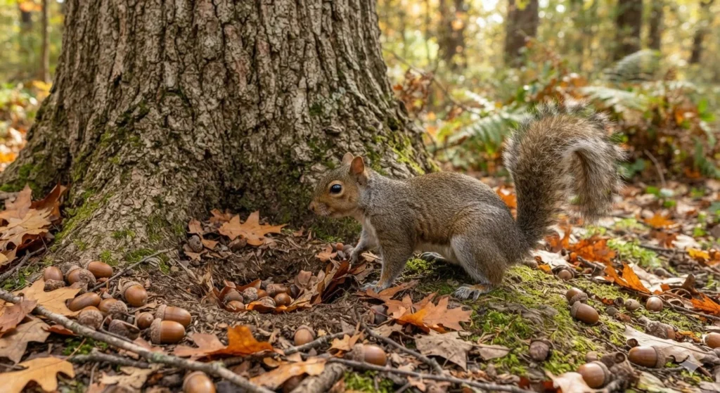 Squirrel Puns inspired by squirrel behavior, showing an acorn cache, oak tree, woodland ground, and playful wildlife setting
