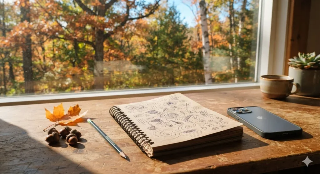 Squirrel Puns brainstorming setup with acorns, notebook, pencil, smartphone, leaves, and a woodland view