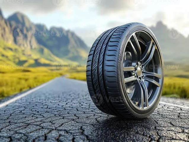 Funny Tire Captions featuring a stylish car tire on a sunny scenic road with an adventurous atmosphere