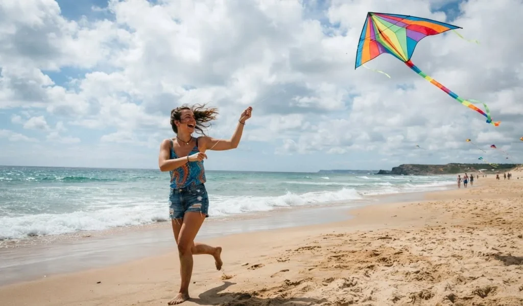 Air Puns for Instagram featuring a person flying a kite on a breezy beach with clouds and ocean views