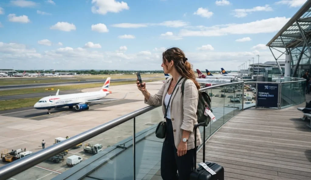 Air Puns for travelers featuring a traveler watching airplanes under a clear sky with clouds and fresh outdoor air