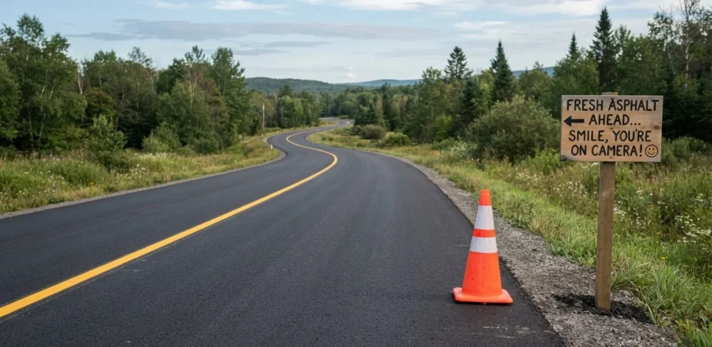 Asphalt Puns hero image showing fresh pavement, road markings, and construction humor