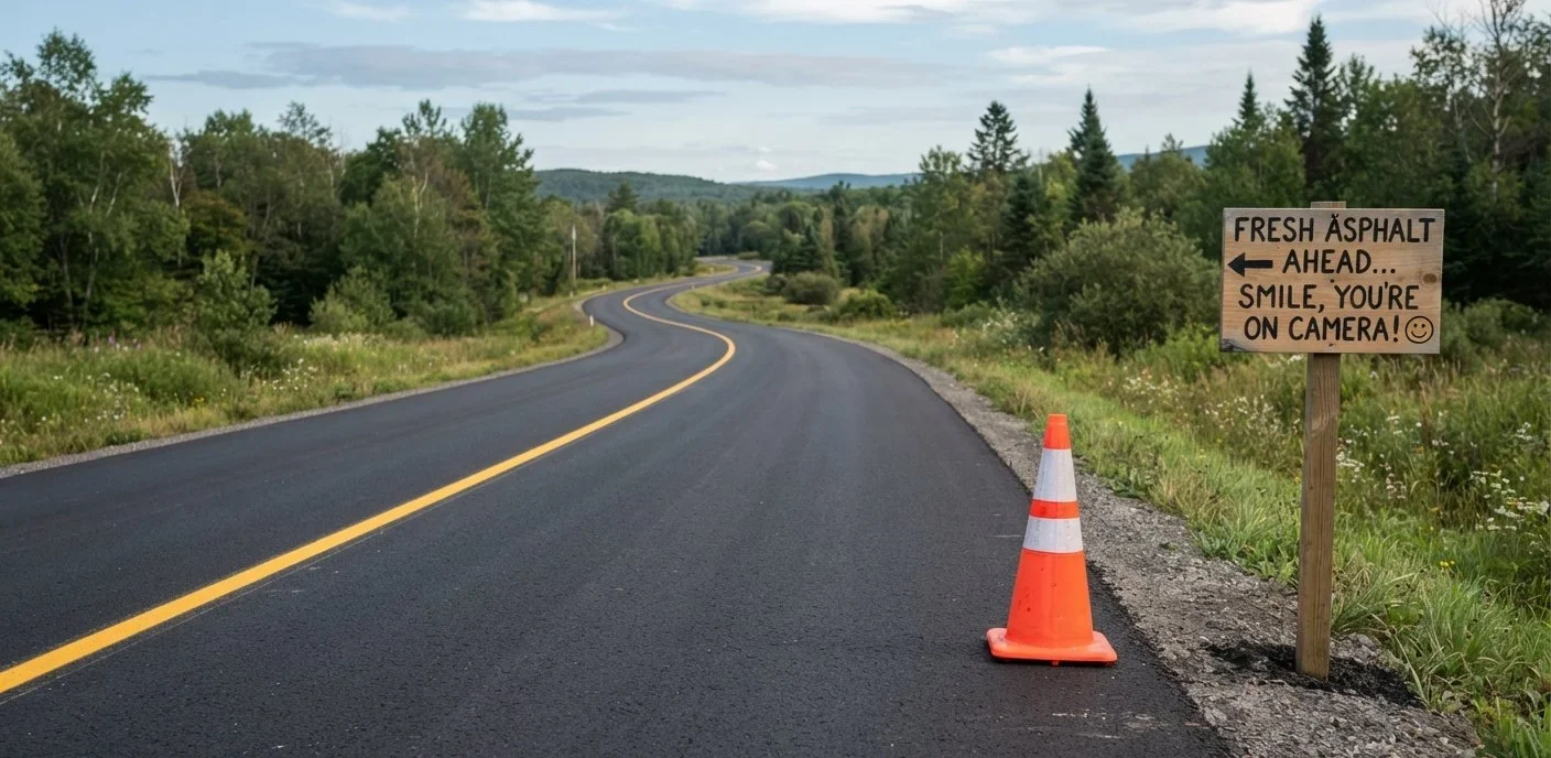 Asphalt Puns hero image showing fresh pavement, road markings, and construction humor