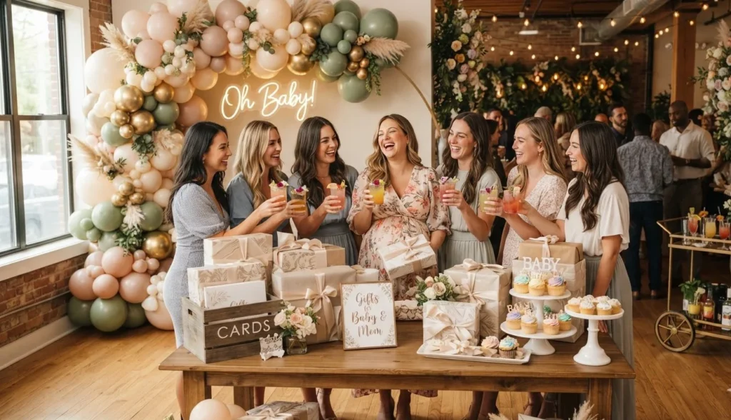 Baby Shower Puns for adults featuring an elegant party, mocktails, cupcakes, balloons, and laughing guests