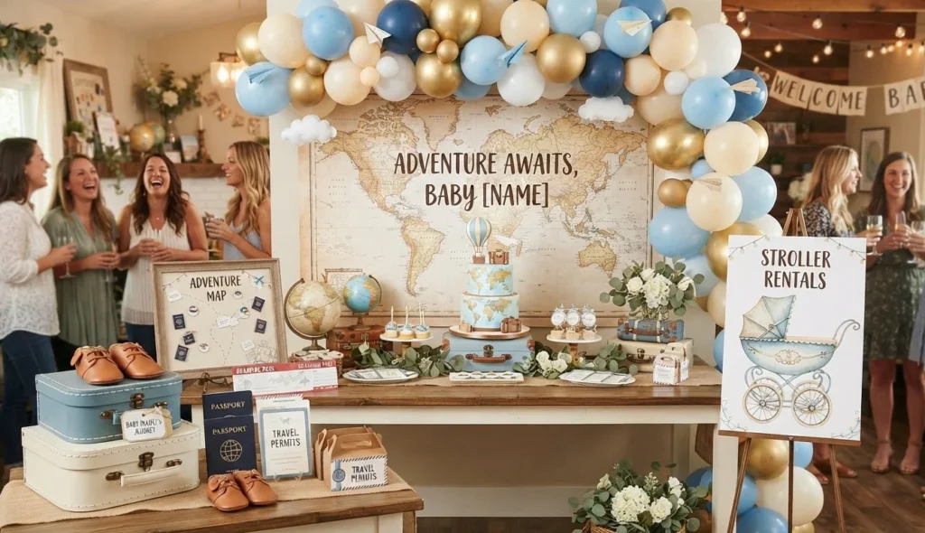 Baby Shower Puns for travelers featuring a world map, tiny suitcase, baby shoes, balloons, and travel themed decorations