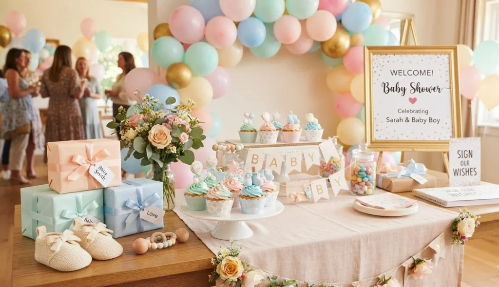Baby Shower Puns hero image featuring balloons, tiny shoes, cupcakes, gifts, and cute party decorations
