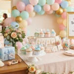 Baby Shower Puns hero image featuring balloons, tiny shoes, cupcakes, gifts, and cute party decorations