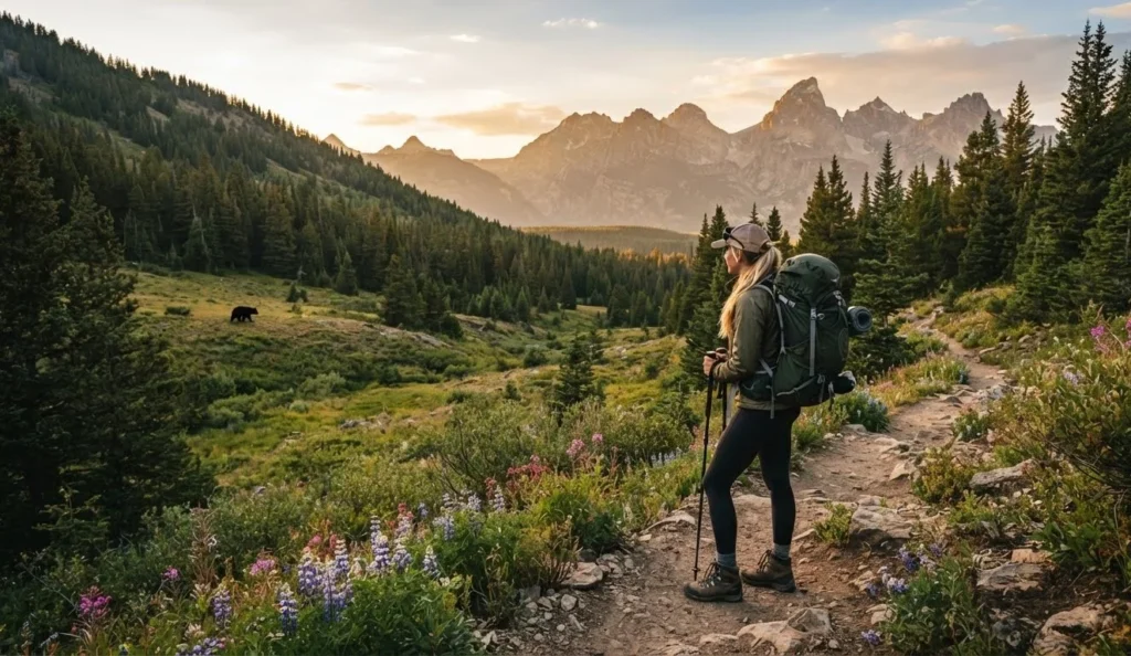 Bear Puns for Instagram featuring a forest hiking adventure with a bear in the distance