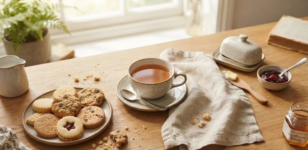 Best Biscuit Puns for Instagram featuring an aesthetic tea time scene with biscuits and a cup of tea