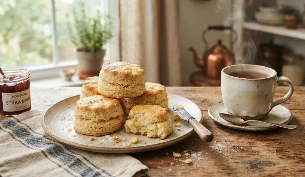 Best Biscuit Puns featuring warm golden biscuits beside a cup of tea