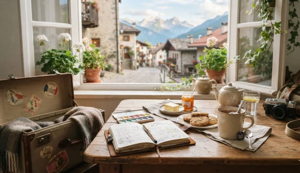 Best Biscuit Puns for travel featuring biscuits and tea beside a travel journal in a cozy breakfast scene