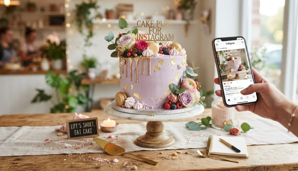 Cake Puns for Instagram featuring a beautifully decorated cake ready for a social media photo