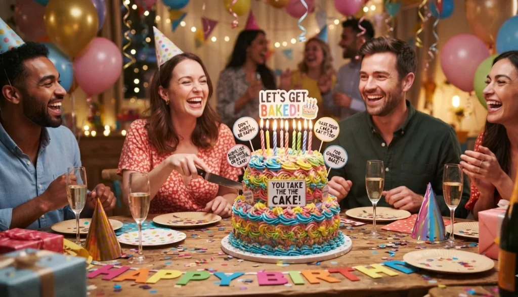 Birthday Cake Puns with candles, colorful frosting, and a festive birthday celebration