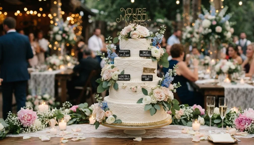 Wedding Cake Puns featuring an elegant tiered wedding cake with flowers and frosting