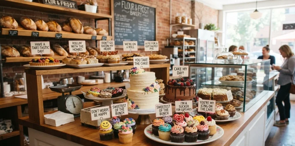 Cake Puns for a bakery featuring decorated cakes, cupcakes, frosting, and fresh baked desserts