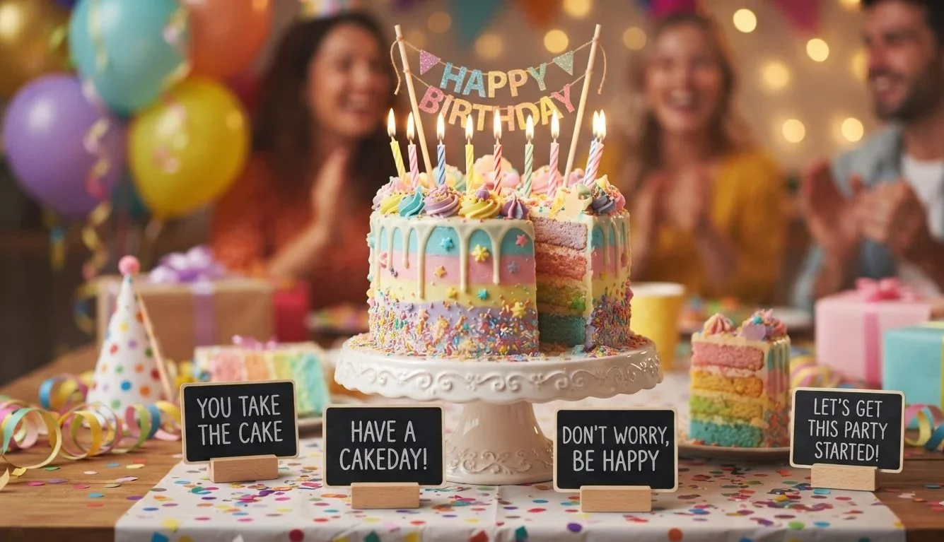 Cake Puns featuring a colorful celebration cake with frosting and candles