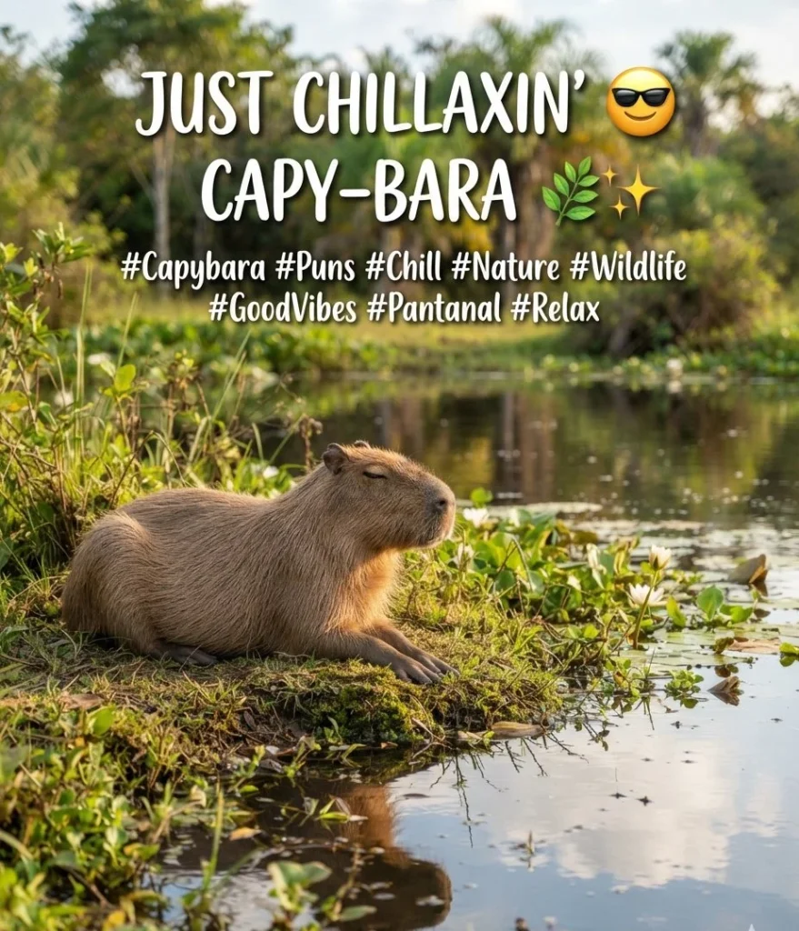Capybara Puns for Instagram featuring a peaceful capybara relaxing near a pond