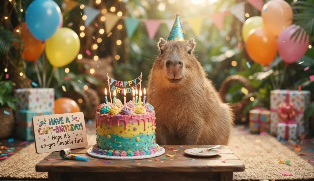 Capybara Puns for birthdays featuring a cute capybara with a colorful birthday cake