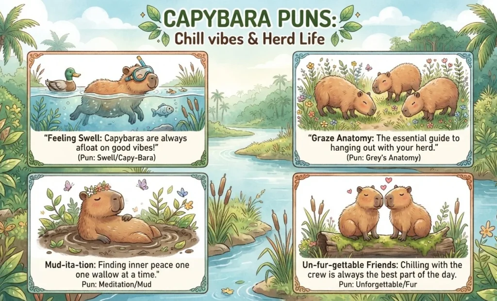Capybara Puns inspired by capybara swimming, grazing, and social behavior