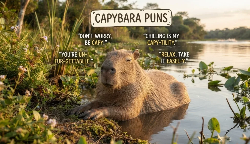 Capybara Puns featuring a relaxed capybara beside water