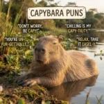 Capybara Puns featuring a relaxed capybara beside water